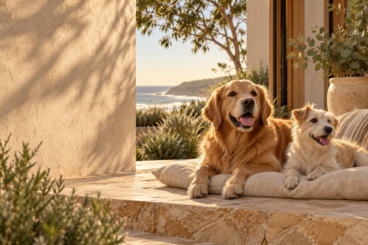 Two dogs relaxing together on a coastal terrace